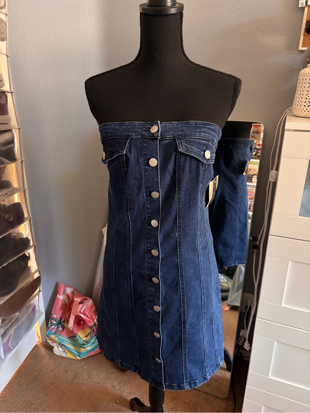 Strapless Dark Blue Denim Button-Front Dress